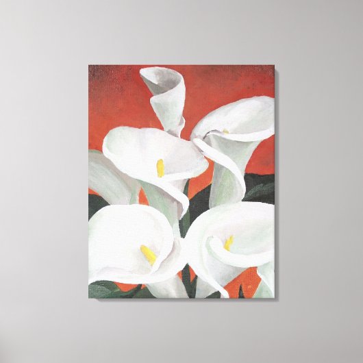 Calla Lilies auf einem roten Hintergrund Leinwanddruck (Vorderseite)
