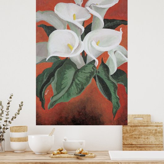 Calla Lilies auf einem roten Hintergrund Poster (Küche)