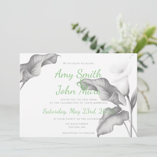 Calla Lilly Black & White Einladung (Stehend Vorderseite)