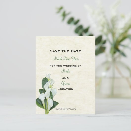 Calla Lilly Save the Date Card Ankündigungspostkarte (Stehend Vorderseite)