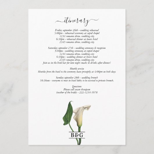 Calla Lily Botanische Hochzeitreise Programm (Rückseite)