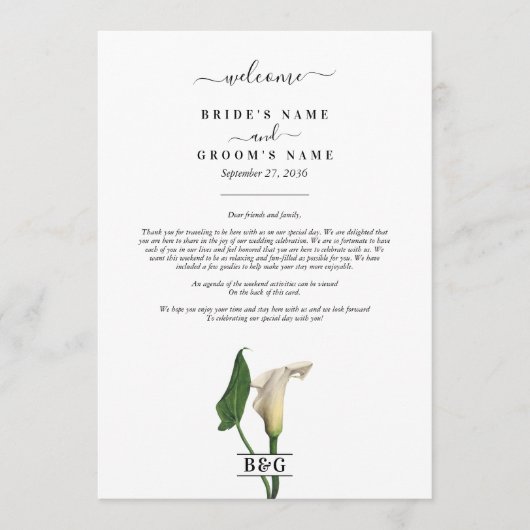 Calla Lily Botanische Hochzeitreise Programm (Vorderseite)