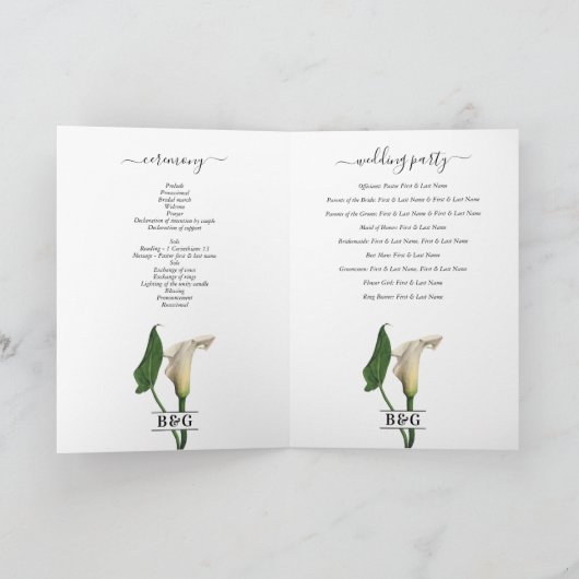 Calla Lily Botanischer Hochzeitssatz Programm (Innenseite)