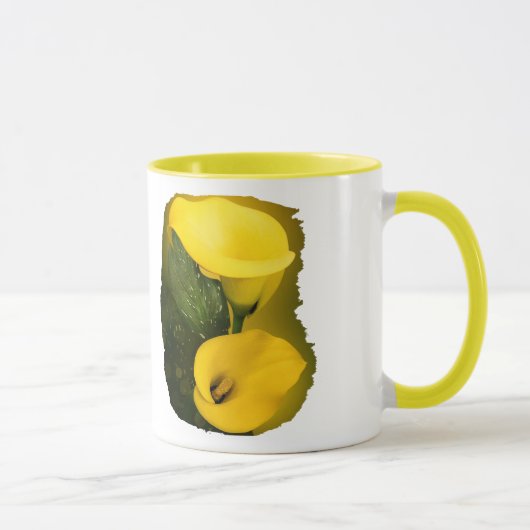 Calla Lily Bright Yellow Blätter Bokeh Tasse (Rechts)