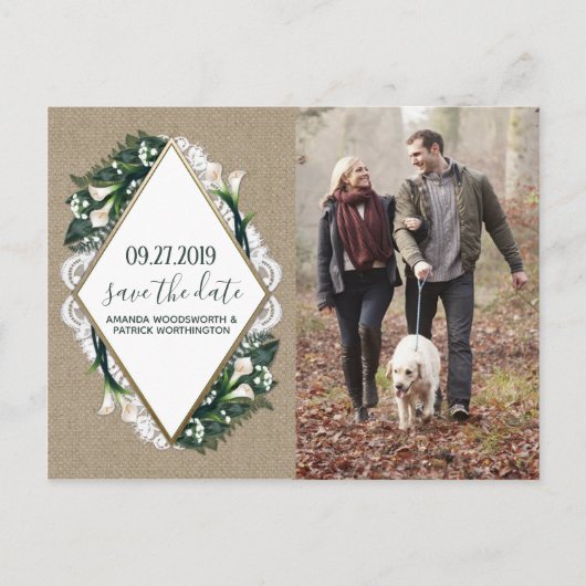 Calla Lily Burlap Lace Wedding Save the Date Cards Ankündigungspostkarte (Vorderseite)