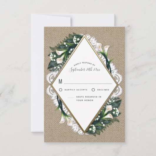 Calla Lily Burlap- und Lace Wedding RSVP-Karten RSVP Karte (Vorderseite)
