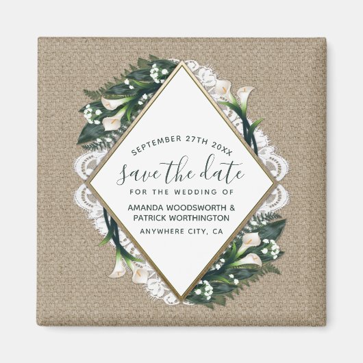 Calla Lily Burlap Wedding Save the Date Magnete Magnet (Vorne)