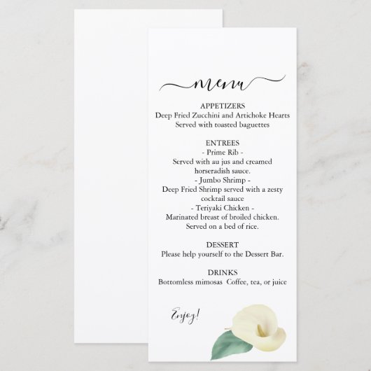 Calla Lily Greenerity Wedding Menu Menükarte (Vorne/Hinten)