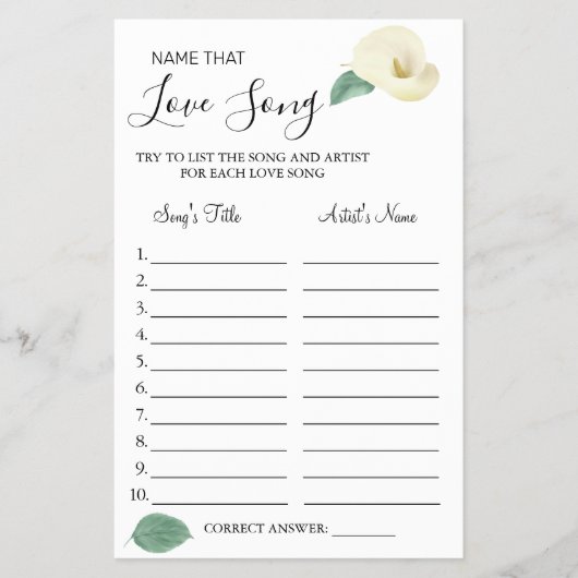 Calla Lily Name dieser Liebe Song Dusche Spielkart Flyer (Vorne)