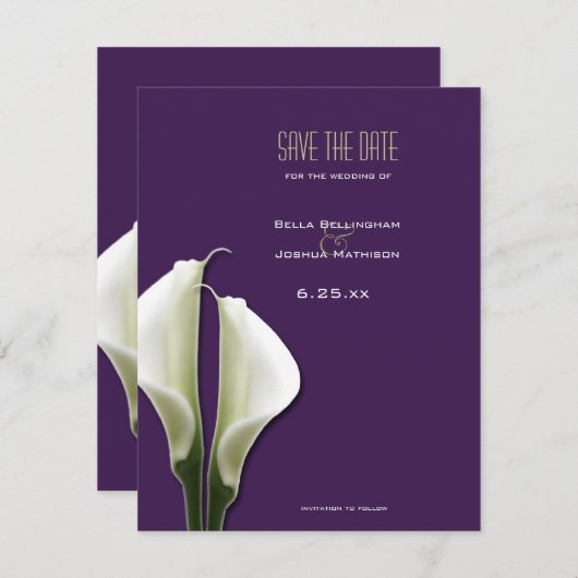 Calla Lily Save the Date auf Lila Ankündigung (Vorne/Hinten)
