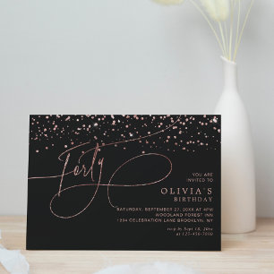 Calligrafie Black Rose Gold Confetti 40. Geburtsta Einladung