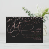 Calligrafie Black Rose Gold Confetti 60. Geburtsta Einladung (Stehend Vorderseite)