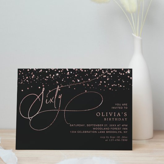 Calligrafie Black Rose Gold Confetti 60. Geburtsta Einladung