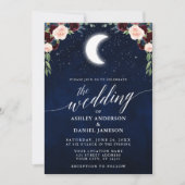 Calligrafie Celestial Moon Stars Blumenhochzeit Einladung (Vorderseite)