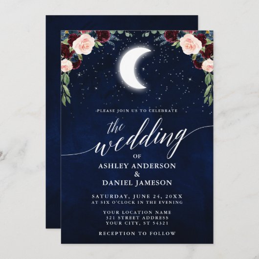 Calligrafie Celestial Moon Stars Blumenhochzeit Einladung (Vorne/Hinten)