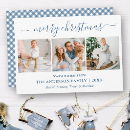 Calligrafie Christmas Dusty Blue Gingham 3 Foto Feiertagskarte