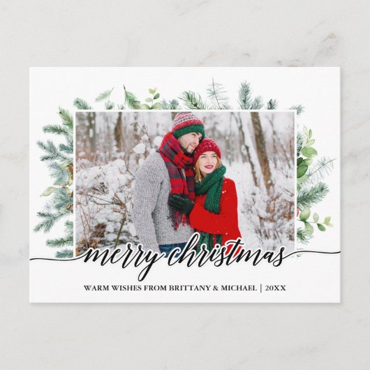 Calligrafie Christmas Pine Greenery Couple Foto Postkarte (Vorderseite)