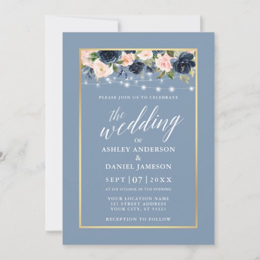 Calligrafie Dusty Blue Pink Floral Lights Wedding Einladung (Vorderseite)