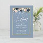 Calligrafie Dusty Blue Pink Floral Lights Wedding Einladung (Stehend Vorderseite)