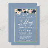 Calligrafie Dusty Blue Pink Floral Lights Wedding Einladung (Vorne/Hinten)