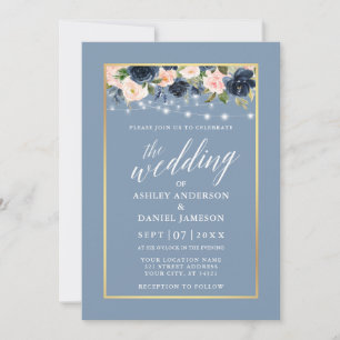 Calligrafie Dusty Blue Pink Floral Lights Wedding Einladung