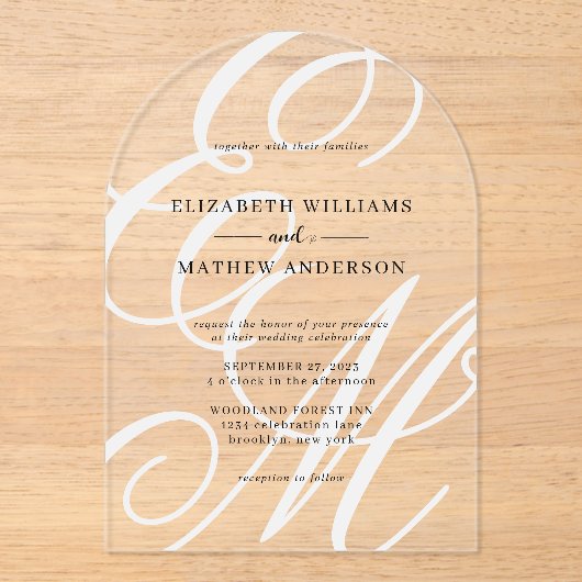 Calligrafie Elfenbeinweißes Monografie-Arch-Hochze Acryleinladungen (Vorderseite)