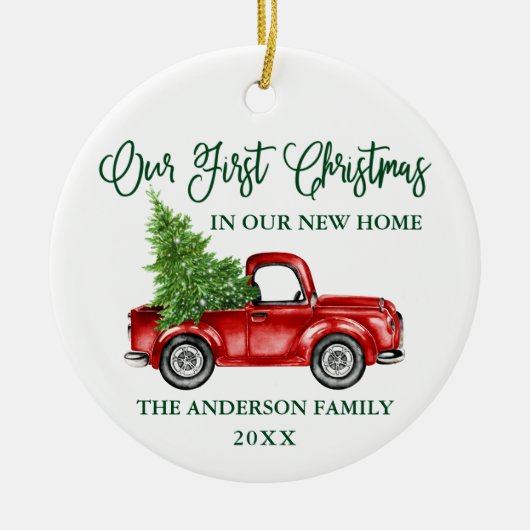 Calligrafie First Christmas New Zuhause Truck Keramik Ornament (Vorne)