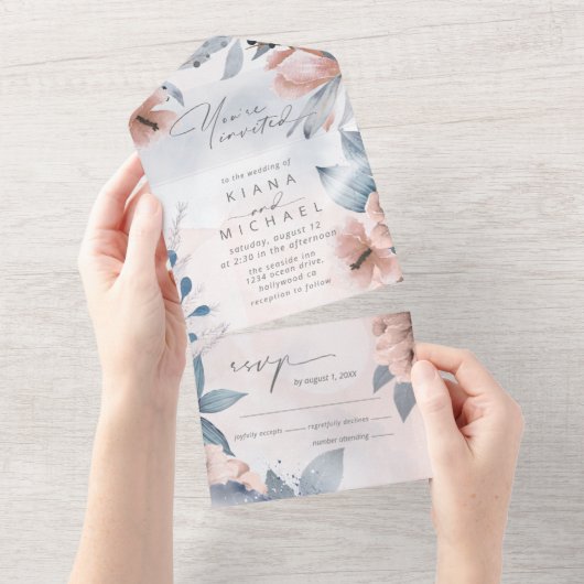 Calligrafie Floral Dusty Blue ID771 All In One Einladung (Abreißen)