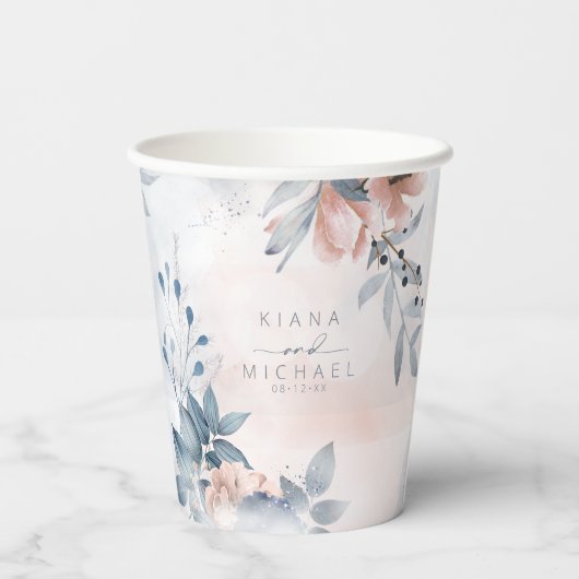 Calligrafie Floral Wedding Dusty Blue ID771 Pappbecher (Rückseite)