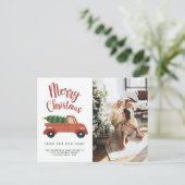 Calligrafie Frohe Weihnachtsbaum Red Car Moving Ankündigungspostkarte (Stehend Vorderseite)