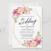 Calligrafie Geometric Pink Blush Floral Wedding Einladung (Vorderseite)
