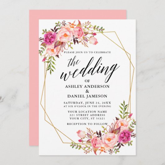 Calligrafie Geometric Pink Blush Floral Wedding Einladung (Vorne/Hinten)