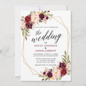 Calligrafie Geometric Wedding Burgundy Floral Einladung (Vorderseite)