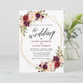 Calligrafie Geometric Wedding Burgundy Floral Einladung (Stehend Vorderseite)