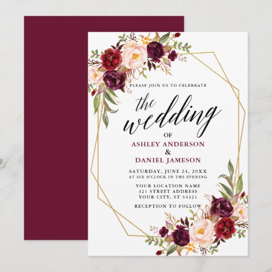 Calligrafie Geometric Wedding Burgundy Floral Einladung (Vorne/Hinten)