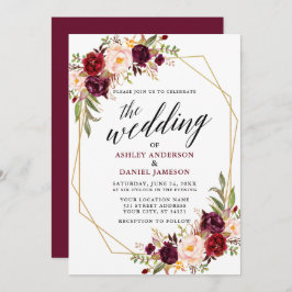 Calligrafie Geometric Wedding Burgundy Floral Einladung