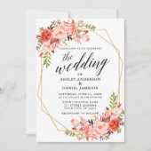 Calligrafie Geometric Wedding Coral Floral Einladung (Vorderseite)