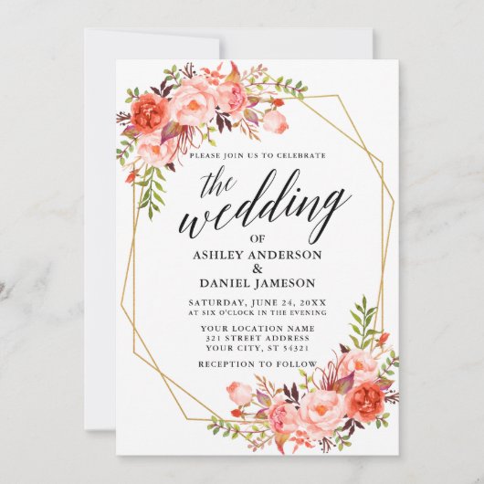 Calligrafie Geometric Wedding Coral Floral Einladung (Vorderseite)