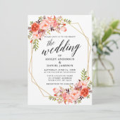 Calligrafie Geometric Wedding Coral Floral Einladung (Stehend Vorderseite)