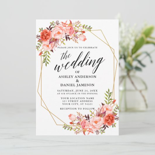 Calligrafie Geometric Wedding Coral Floral Einladung (Stehend Vorderseite)