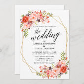 Calligrafie Geometric Wedding Coral Floral Einladung (Vorne/Hinten)