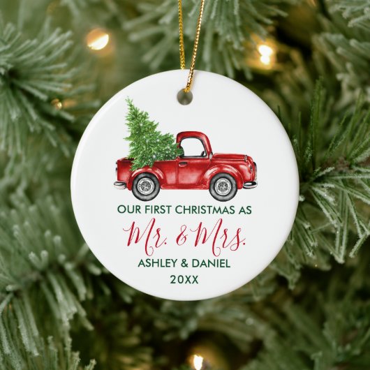 Calligrafie Herr Mrs. Christmas Truck Red Green Keramik Ornament (Baum)
