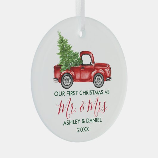Calligrafie Herr Mrs. Christmas Truck Red Green Ornament Aus Glas (Vorderseite Rechts)