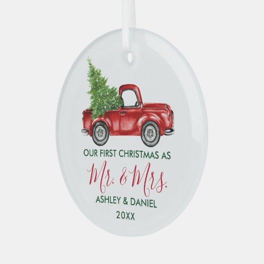 Calligrafie Herr Mrs. Christmas Truck Red Green Ornament Aus Glas (Vorderseite links)