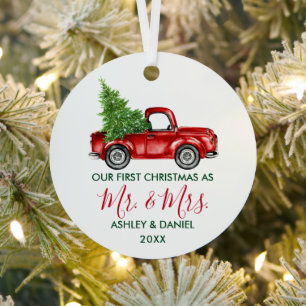 Calligrafie Herr Mrs. Christmas Truck Red Green Ornament Aus Metall