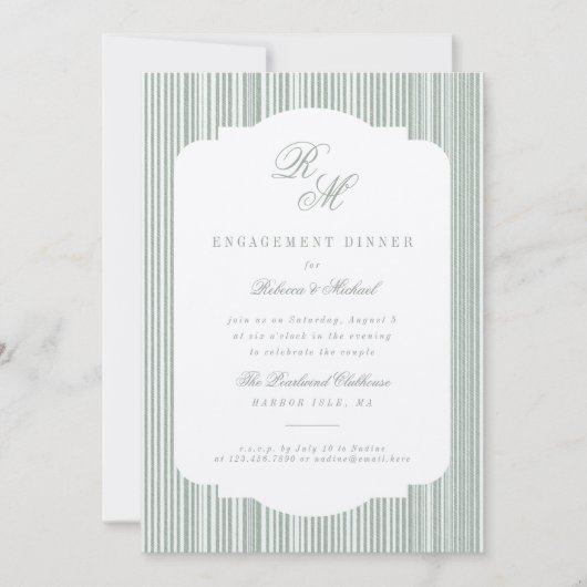 Calligrafie Monogram Sage Stripes Engagement Party Einladung (Vorderseite)