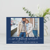 Calligrafie Navy Blue Getried Save The Date (Stehend Vorderseite)