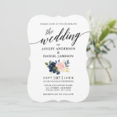 Calligrafie Script Blue Pink Floral Foto Hochzeit Einladung (Stehend Vorderseite)