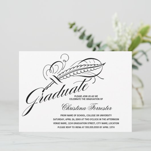 Calligrafie Script Feather Quill Abschluss Einladung (Stehend Vorderseite)