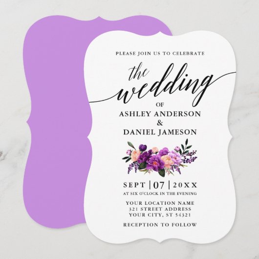 Calligrafie Script Lila Violet Floral Wedding Einladung (Vorne/Hinten)